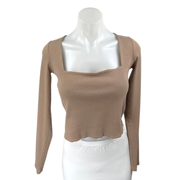 Zara Women's Brown Rib Knit Long Sleeve Square Neck Crop Shirt Sweater Top Sz L - Picture 1 of 3